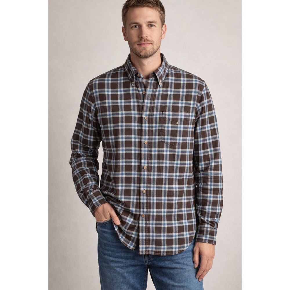 Lands End Mens XL Flannel Shirt Brown Blue Plaid Long Sleeve Button Down Cotton‎